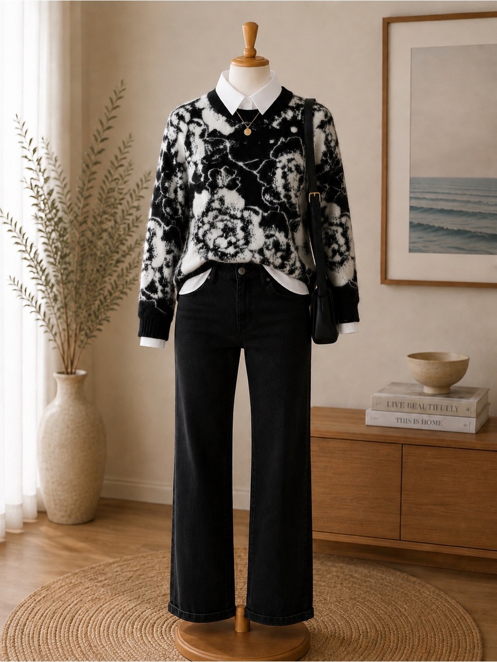 Liverpool Los Angeles Soft Fuzzy Floral Sweater Black White Crew Neck Womenβs M - Picture 2 of 12